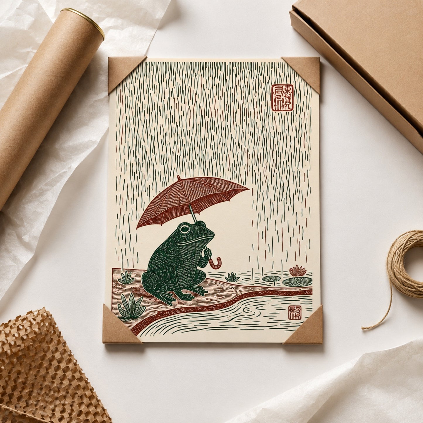 Frog with Umbrella in Rain Japanese Woodblock Wall Art Decor – preview 4