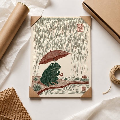 Frog with Umbrella in Rain Japanese Woodblock Wall Art Decor – preview 4