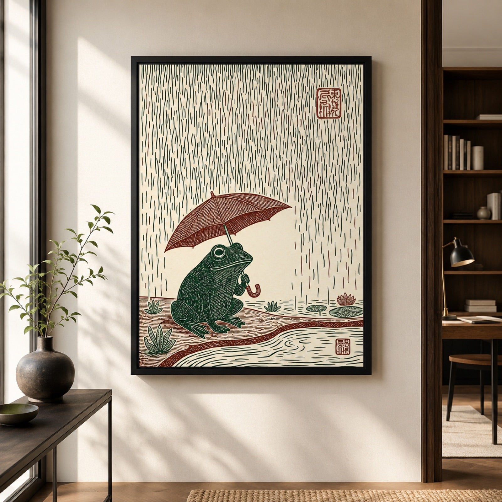 Frog with Umbrella in Rain Japanese Woodblock Wall Art Decor – preview 6