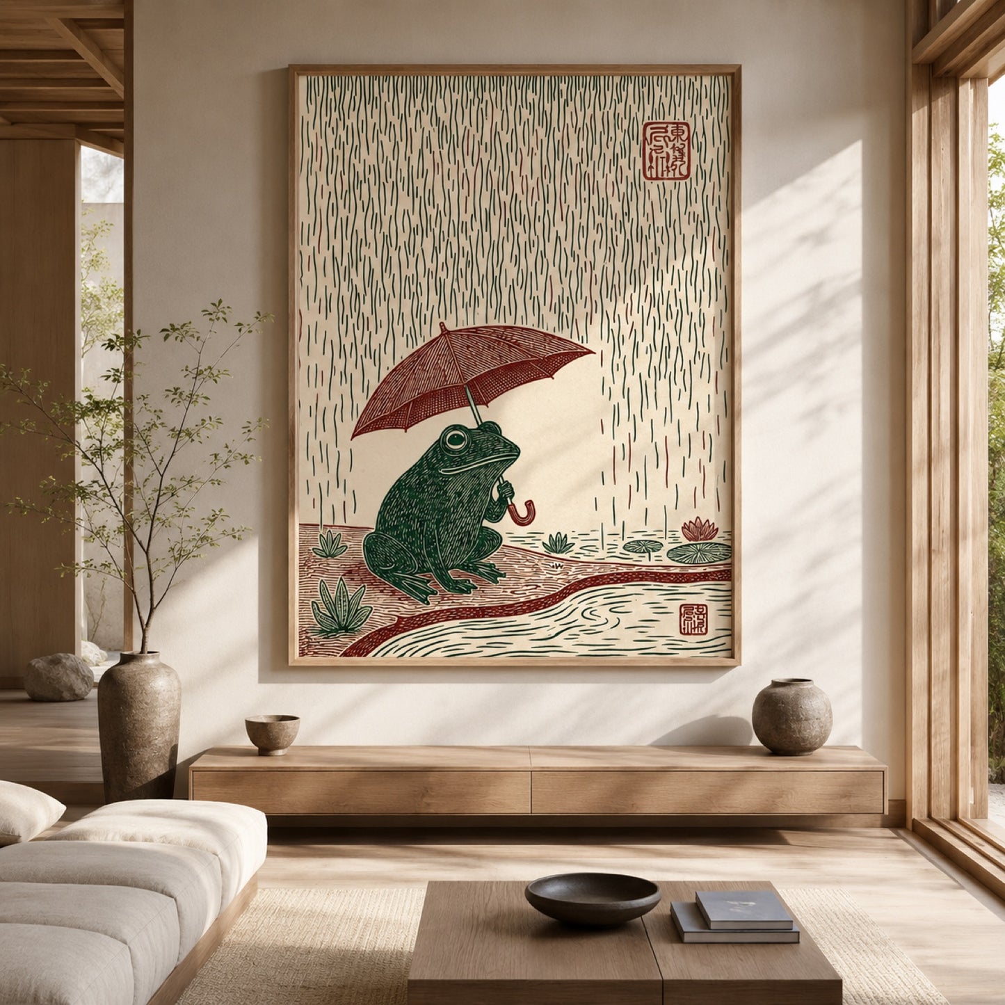 Frog with Umbrella in Rain Japanese Woodblock Wall Art Decor – preview 7