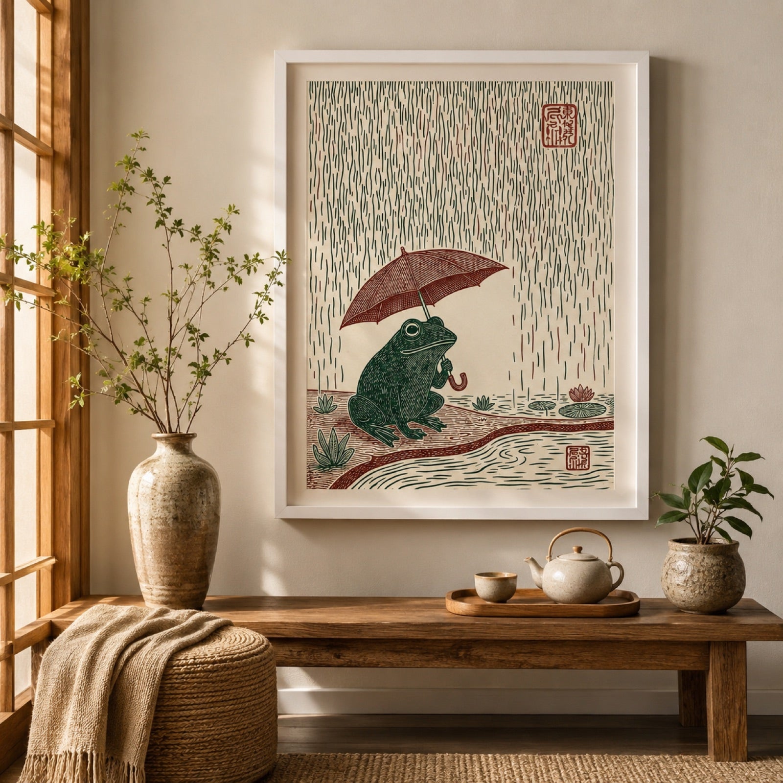 Frog with Umbrella in Rain Japanese Woodblock Wall Art Decor – preview 8