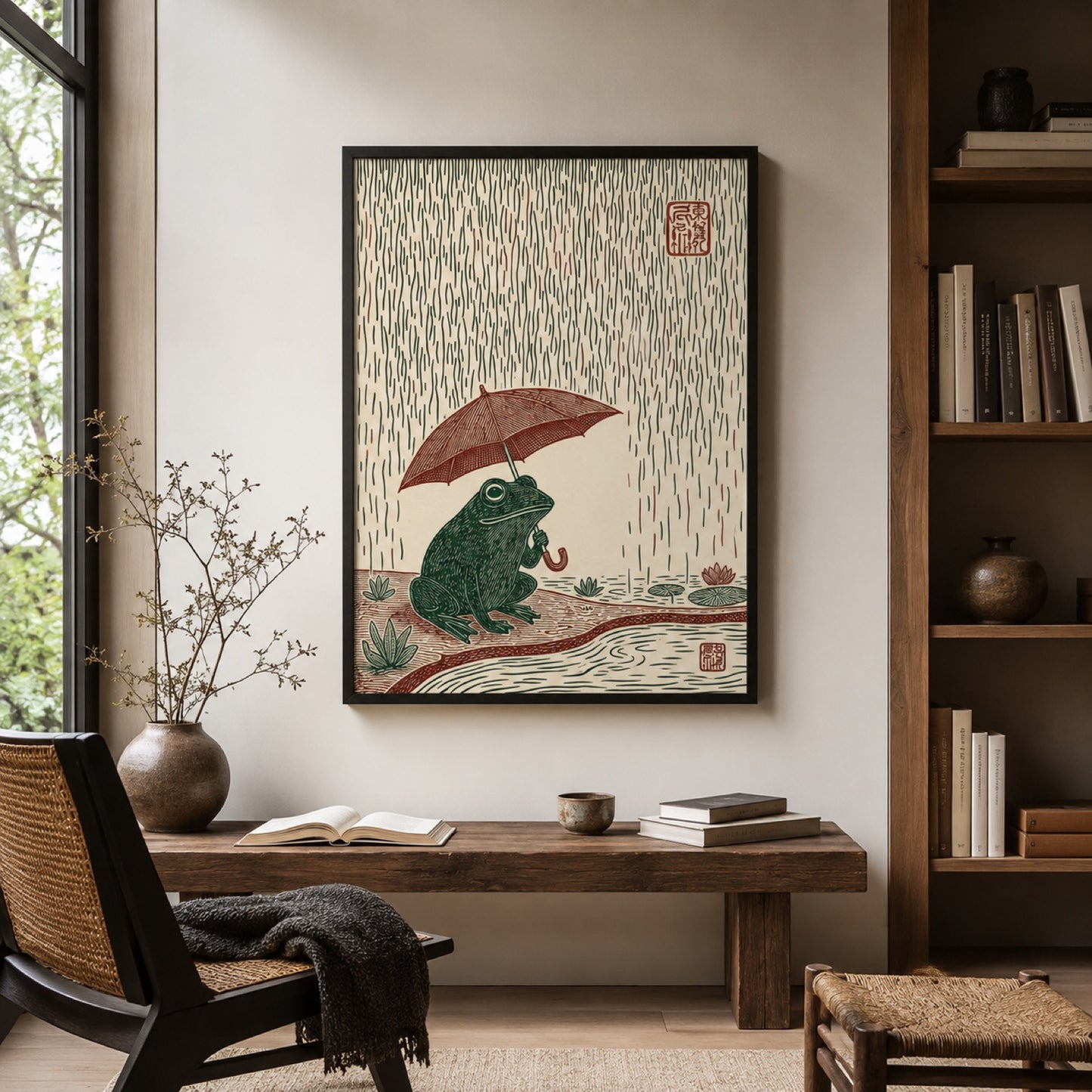 Frog with Umbrella in Rain Japanese Woodblock Wall Art Decor – preview 9