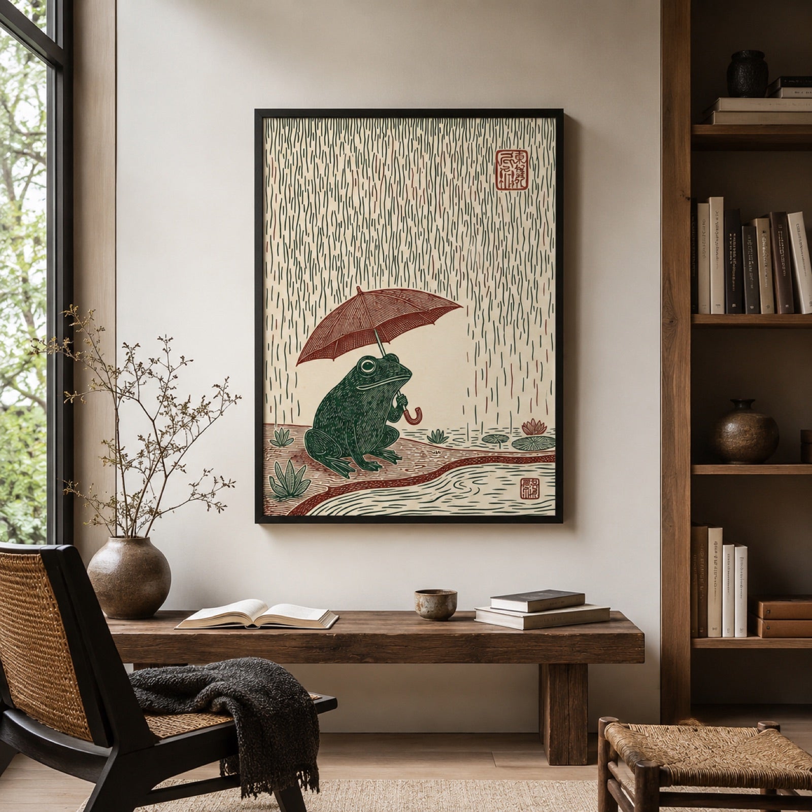 Frog with Umbrella in Rain Japanese Woodblock Wall Art Decor – preview 9
