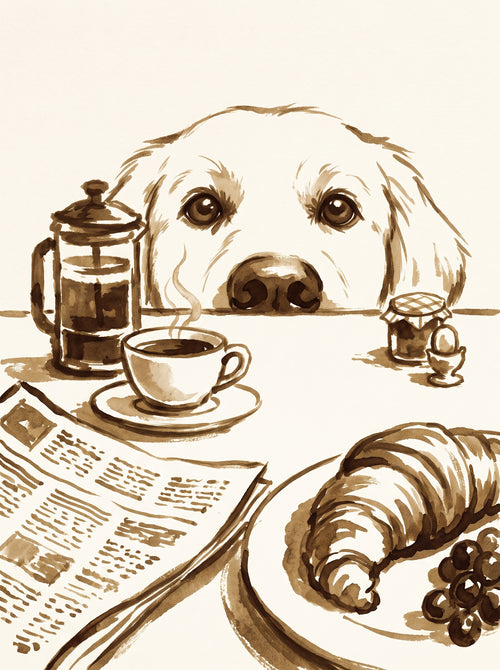 Golden Retriever Breakfast Sepia Wall Art Decor