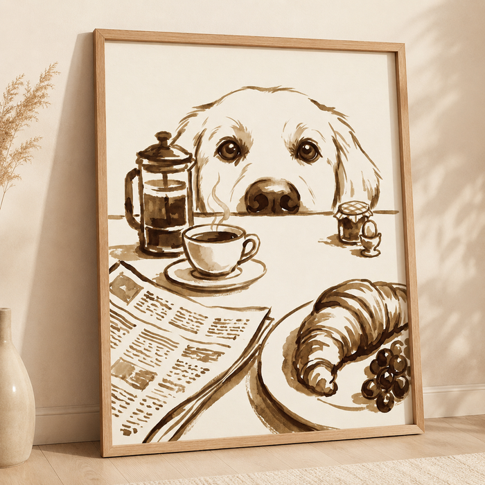 Golden Retriever Breakfast Sepia Wall Art Decor