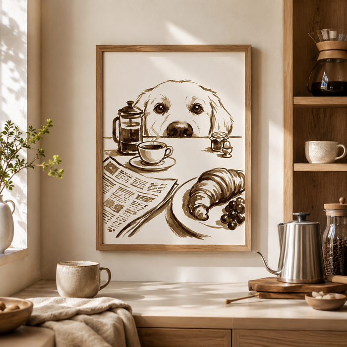 Golden Retriever Breakfast Sepia Wall Art Decor