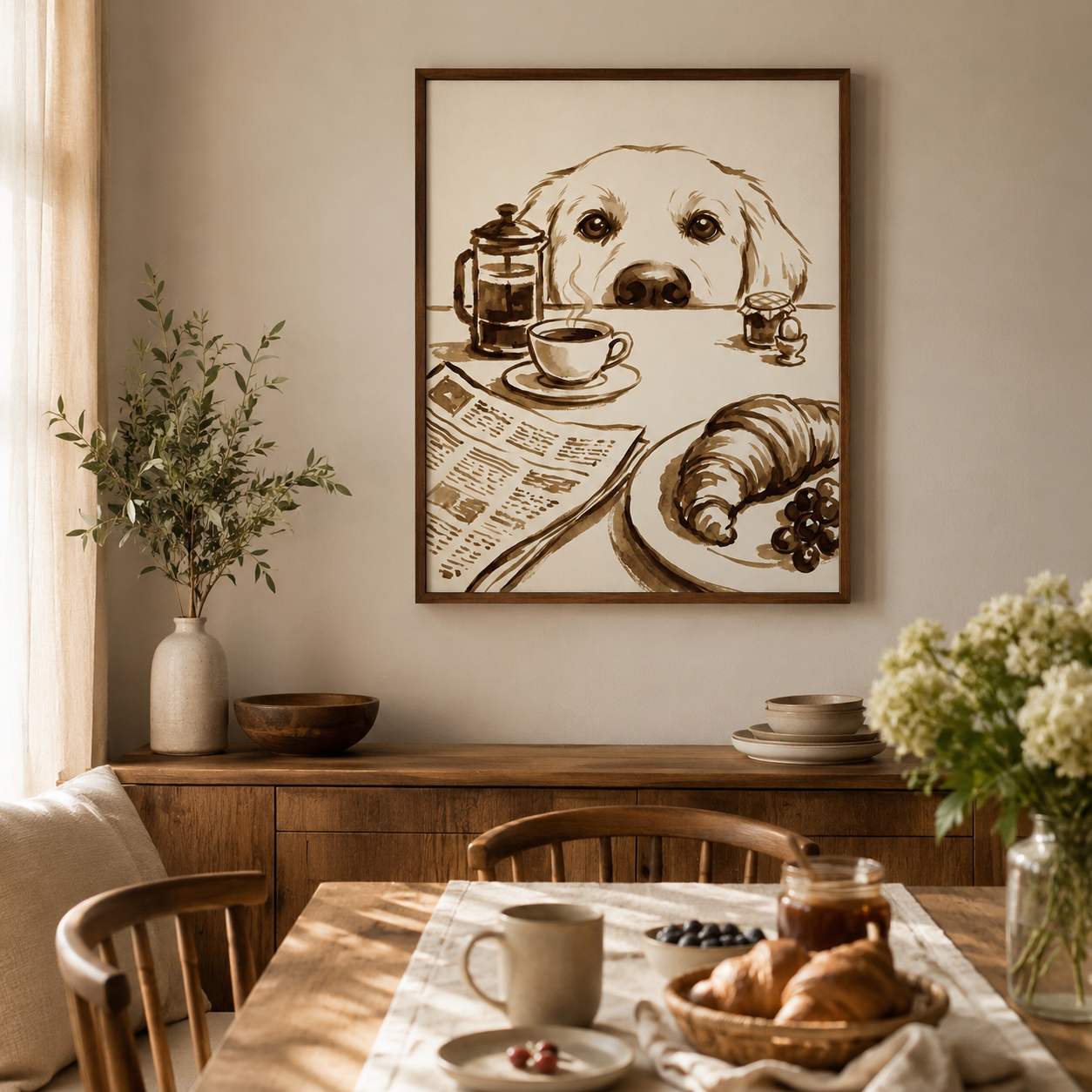 Golden Retriever Breakfast Sepia Wall Art Decor – preview 4