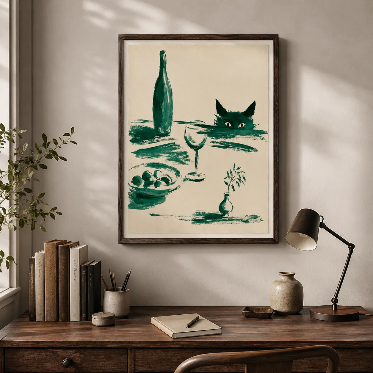 Green Cat Wine Still Life Wall Art Decor - Wall Art Decor - alternate angle