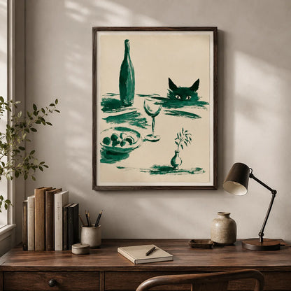 Green Cat Wine Still Life Wall Art Decor - Wall Art Decor - alternate angle