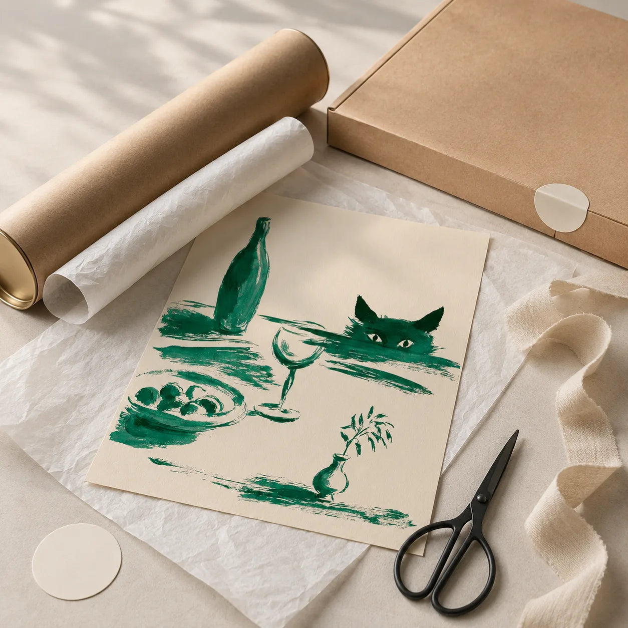 Green Cat Wine Still Life Wall Art Decor - Wall Art Decor - back view