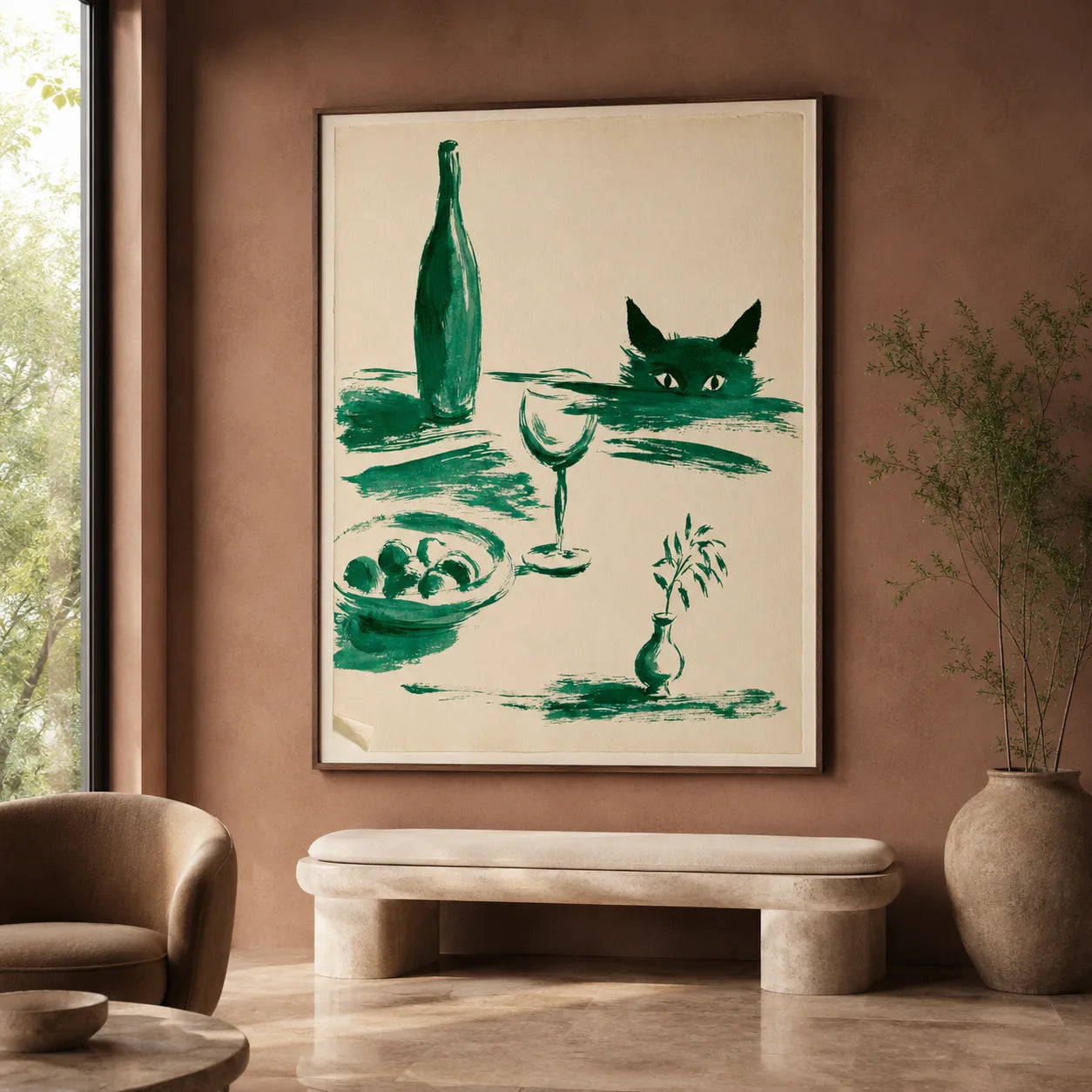 Green Cat Wine Still Life Wall Art Decor - Wall Art Decor - close up