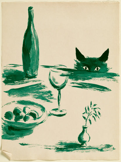 Green Cat Wine Still Life Wall Art Decor - Wall Art Decor - front view