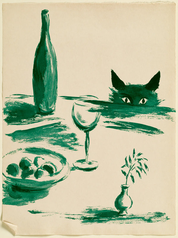 Green Cat Wine Still Life Wall Art Decor