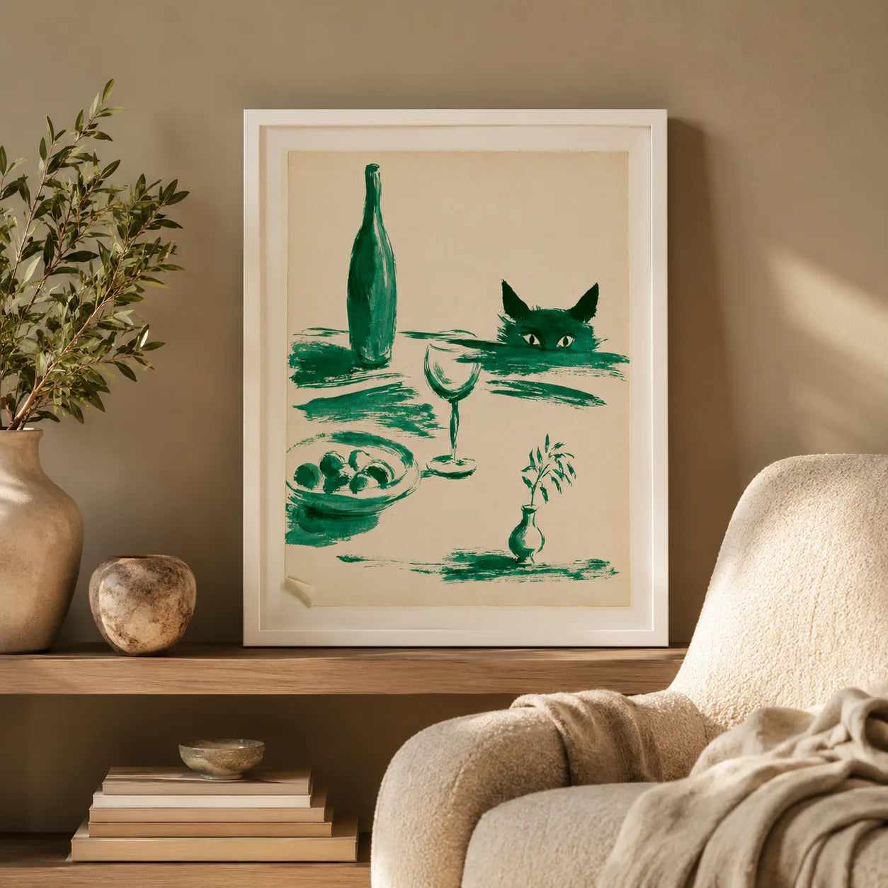Green Cat Wine Still Life Wall Art Decor - Wall Art Decor - in use