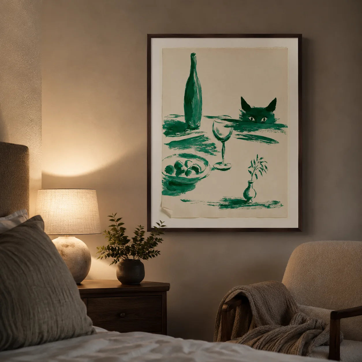 Green Cat Wine Still Life Wall Art Decor - Wall Art Decor - lifestyle