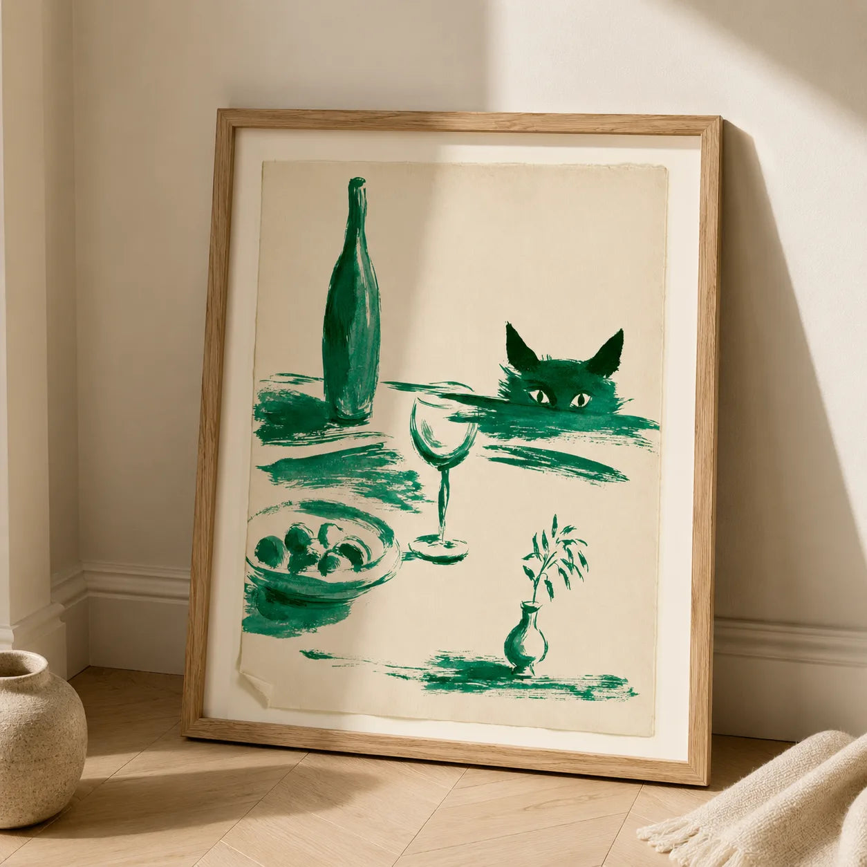 Green Cat Wine Still Life Wall Art Decor - Wall Art Decor - side view