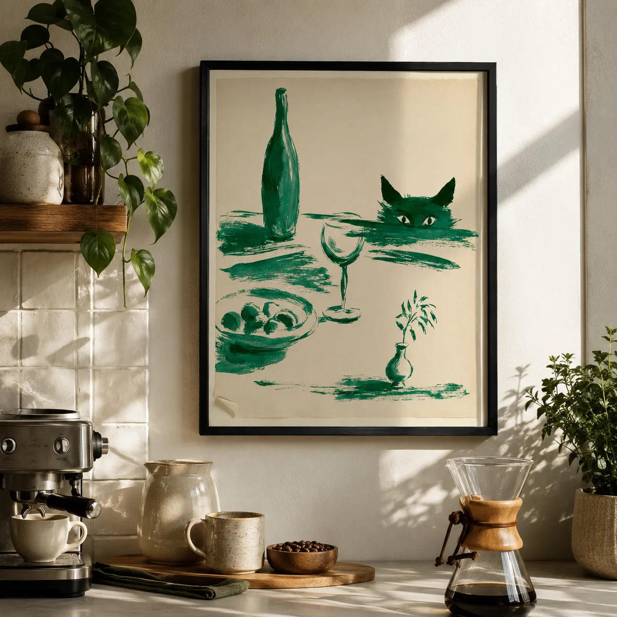 Green Cat Wine Still Life Wall Art Decor - Wall Art Decor - styled
