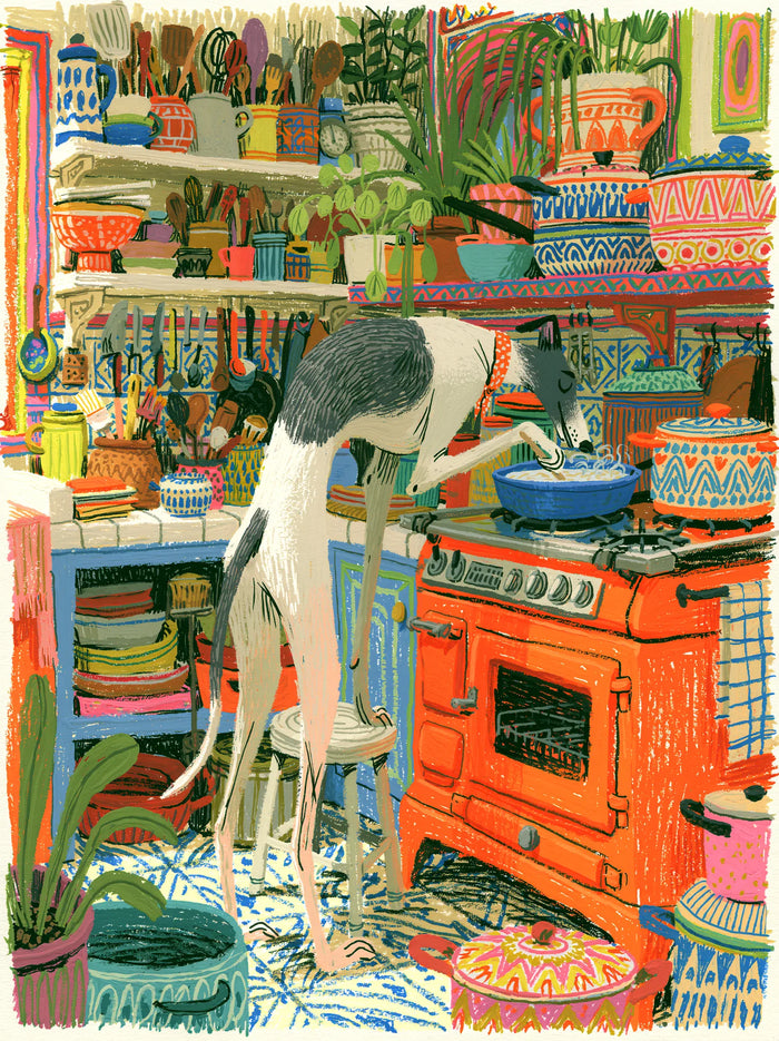 Greyhound Cooking in Kitchen Wall Art Decor