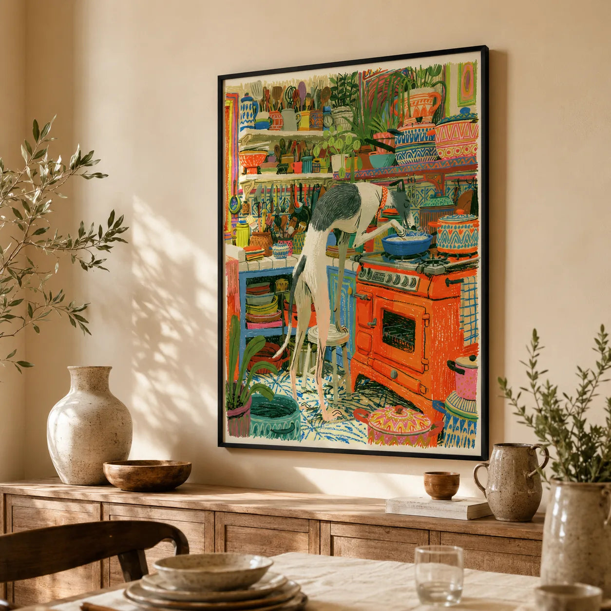 Greyhound Cooking in Kitchen Wall Art Decor - Wall Art Decor - in use