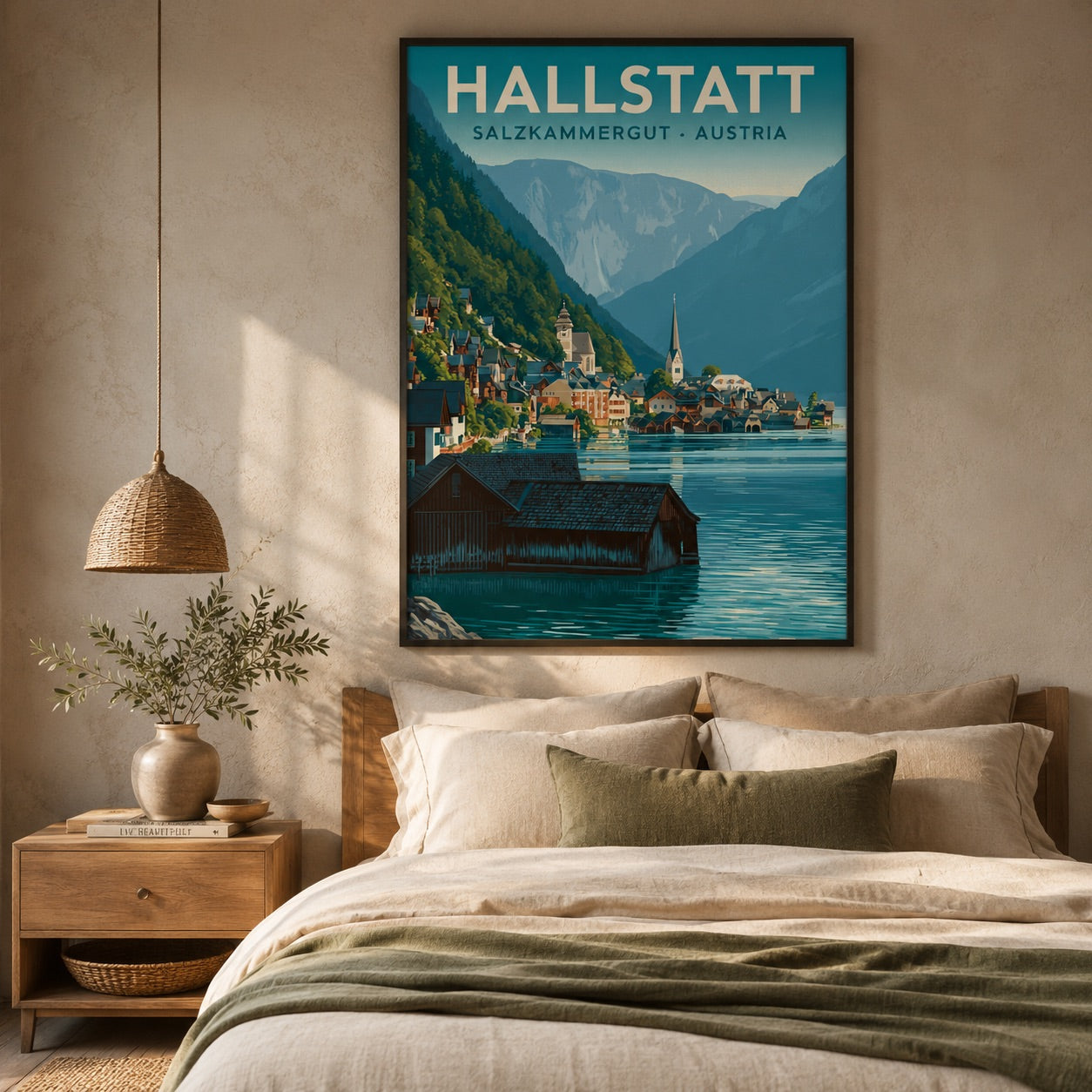 A framed travel poster of Hallstatt, Salzburg-Kammergut - Austria, displayed on a textured beige wall above a bed in a modern, softly lit bedroom.