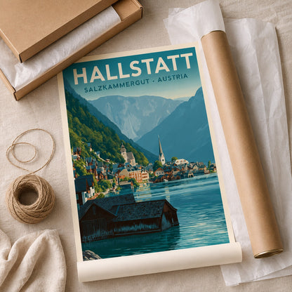 A rolled travel poster print of Hallstatt, Salzburg-Kammergut, Austria, styled in a flat-lay with a kraft paper box, twine, and tissue paper on a neutral fabric background.