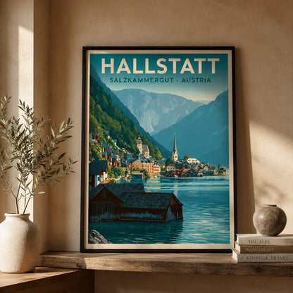 A framed travel poster of Hallstatt, Salzburg-Kammergut, Austria, leaning on a wooden shelf against a beige wall. The poster features a vintage-style illustration of the Austrian mountain town with blue water, green hills, and buildings, with 'HALLSTATT' printed at the top.