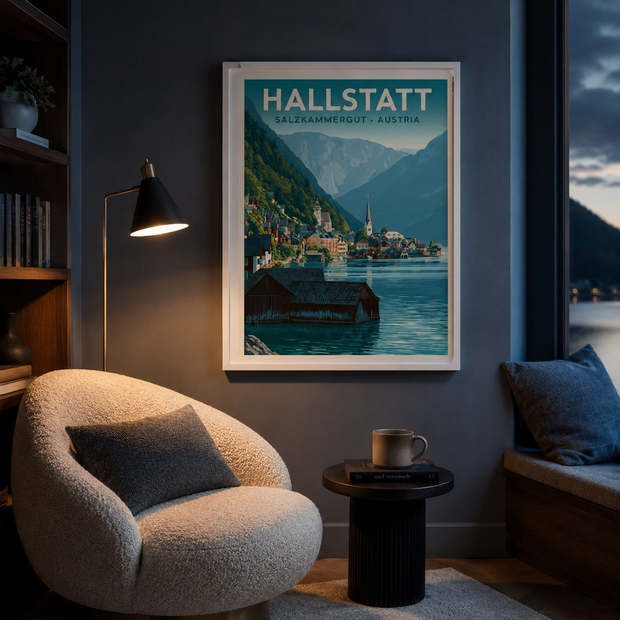 A framed vintage-style travel poster of Hallstatt, Salzburg, Austria, hanging on a dark gray wall in a cozy, modern living room setting with a textured armchair, floor lamp, and side table.
