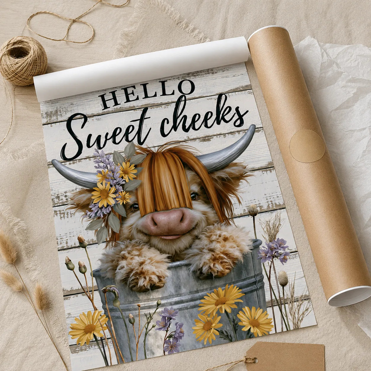 Highland Cow Hello Sweet Cheeks Wall Art Decor - Wall Art Decor - back view