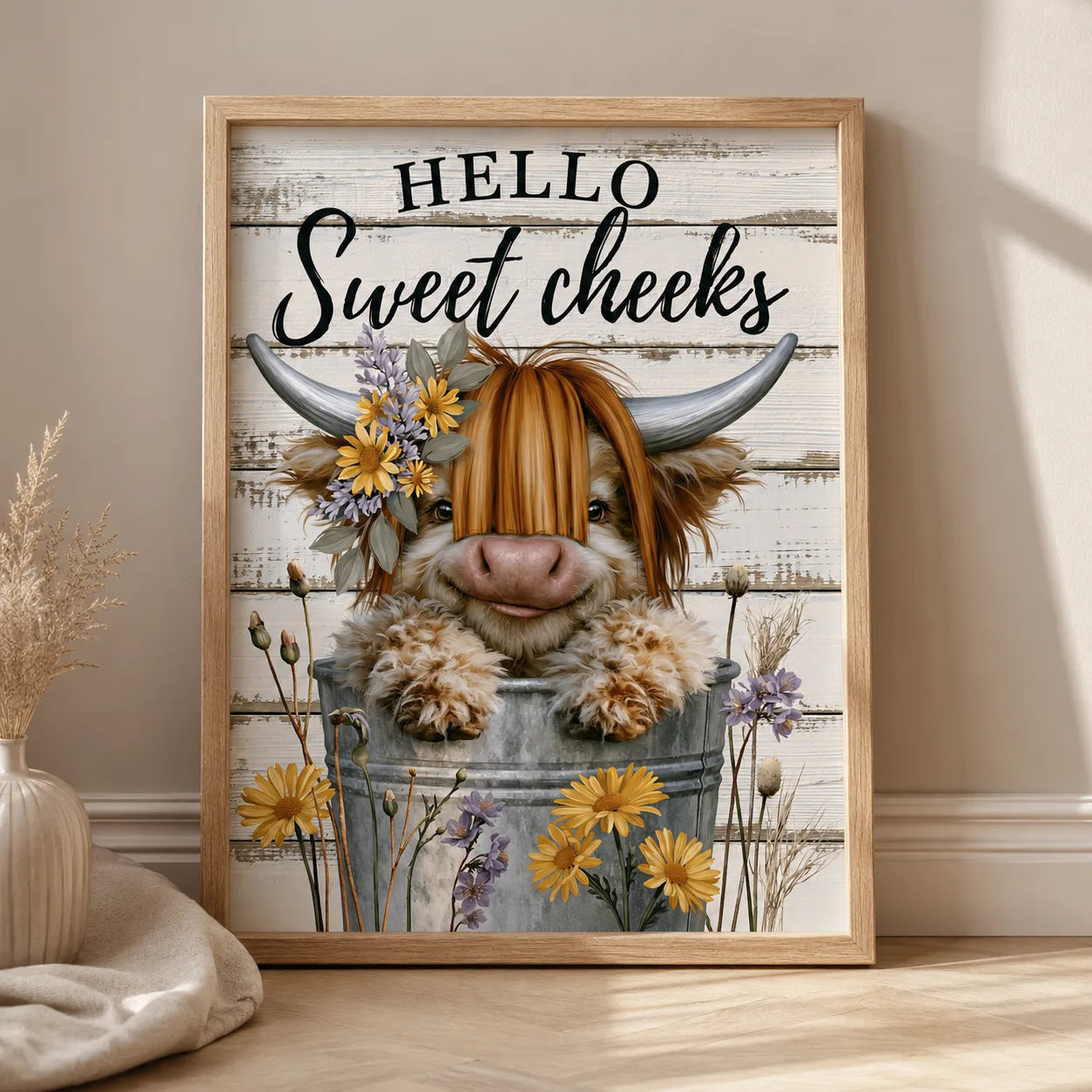 Highland Cow Hello Sweet Cheeks Wall Art Decor - Wall Art Decor - side view