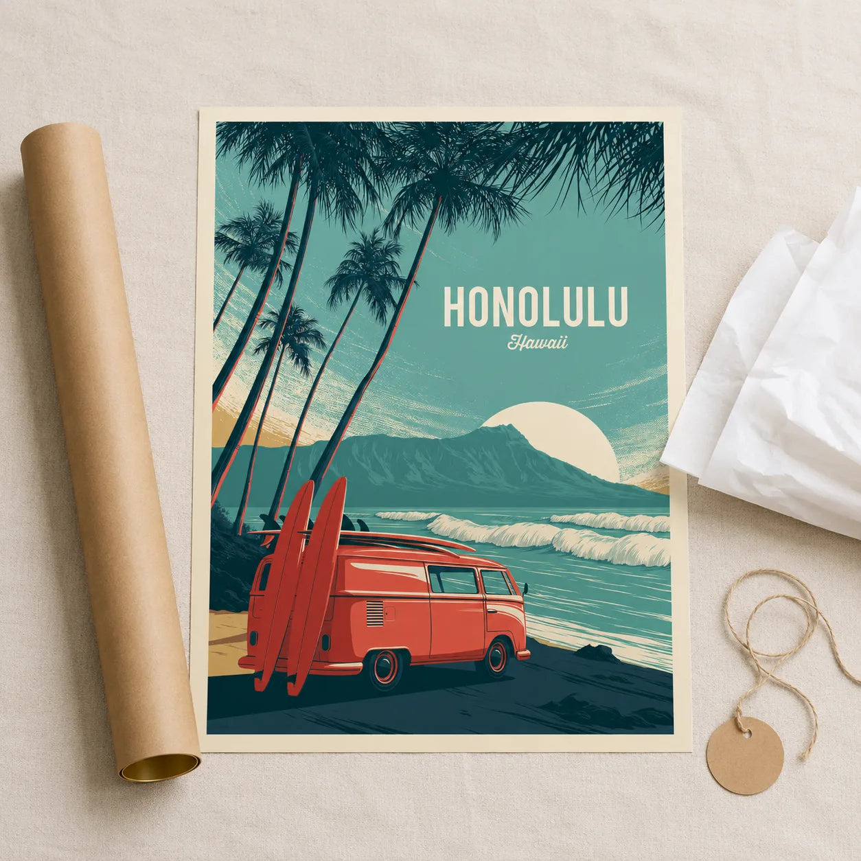 Honolulu Hawaii Surf Van Wall Art Decor - Wall Art Decor - back view