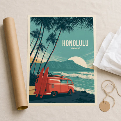 Honolulu Hawaii Surf Van Wall Art Decor - Wall Art Decor - back view