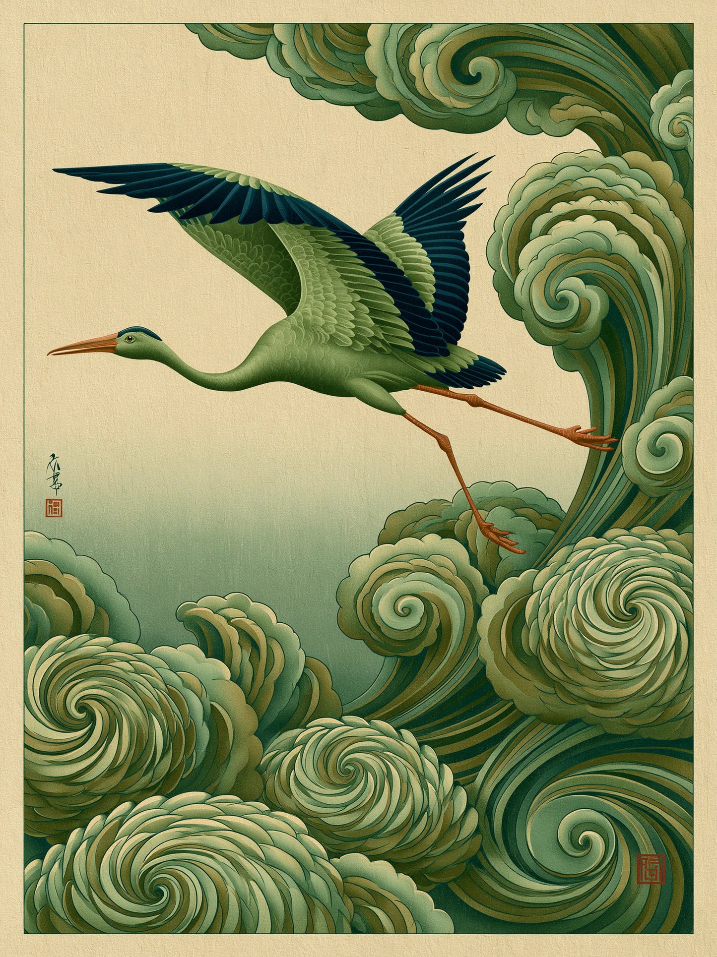 Japanese Crane and Waves Wall Art Decor - Wall Art Decor - front view