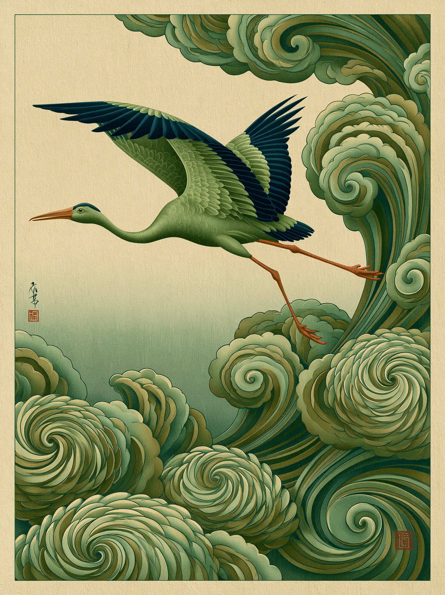Japanese Crane and Waves Wall Art Decor - Wall Art Decor - front view