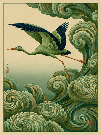 Japanese Crane and Waves Wall Art Decor