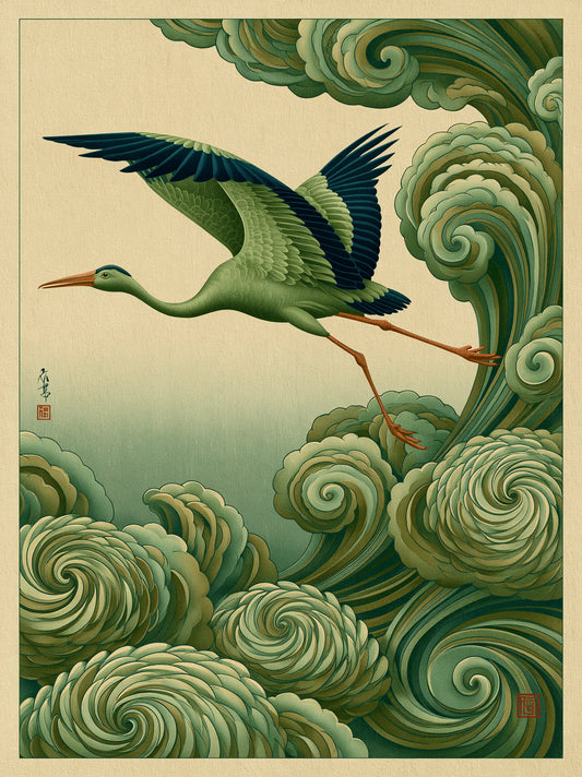 Japanese Crane and Waves Wall Art Decor - Wall Art Decor - front view