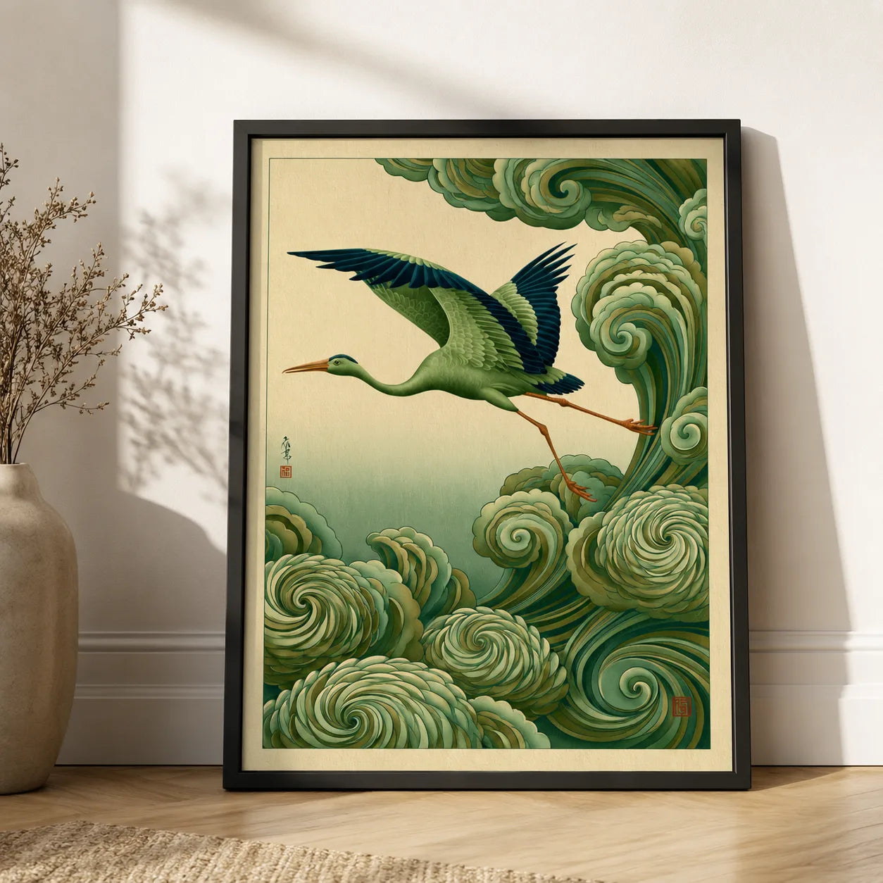 Japanese Crane and Waves Wall Art Decor - Wall Art Decor - in use