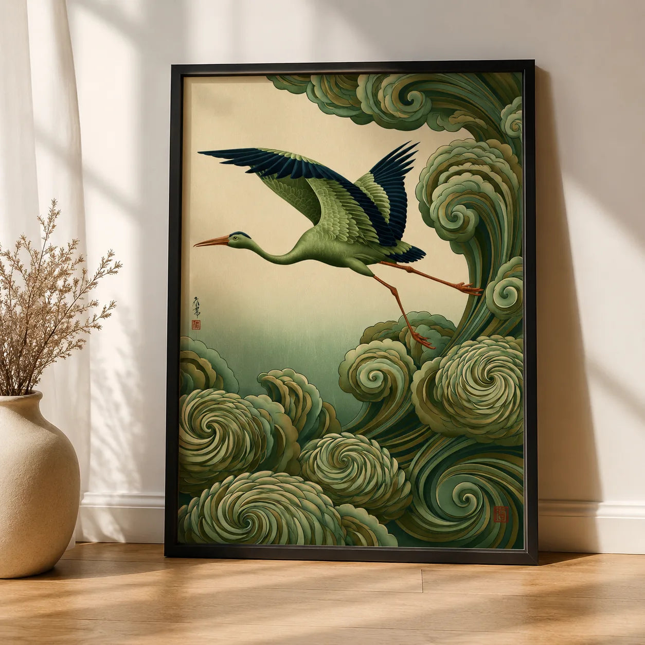 Japanese Crane and Waves Wall Art Decor - Wall Art Decor - styled