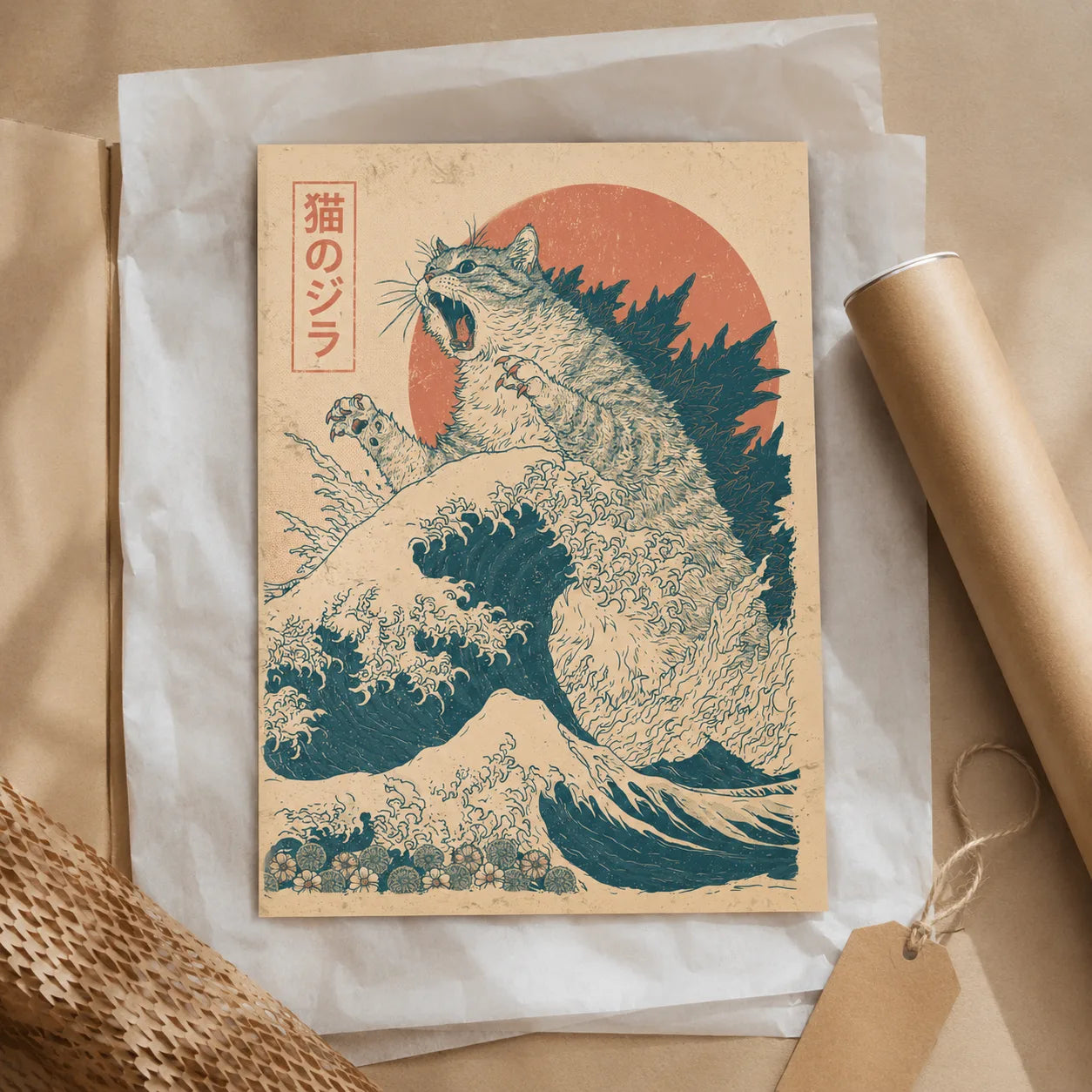 Japanese Kaiju Cat Wave Wall Art Decor - Wall Art Decor - back view