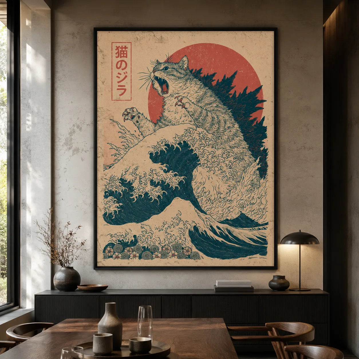 Japanese Kaiju Cat Wave Wall Art Decor - Wall Art Decor - close up