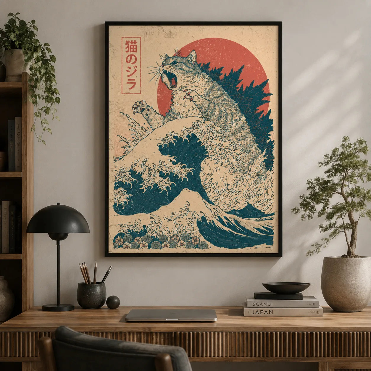 Japanese Kaiju Cat Wave Wall Art Decor - Wall Art Decor - detail