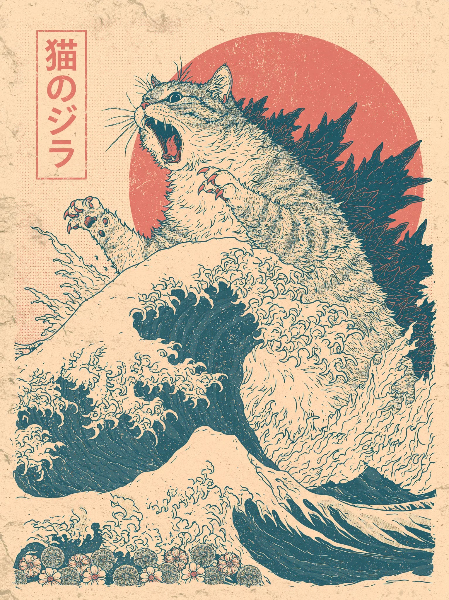 Japanese Kaiju Cat Wave Wall Art Decor - Wall Art Decor - front view