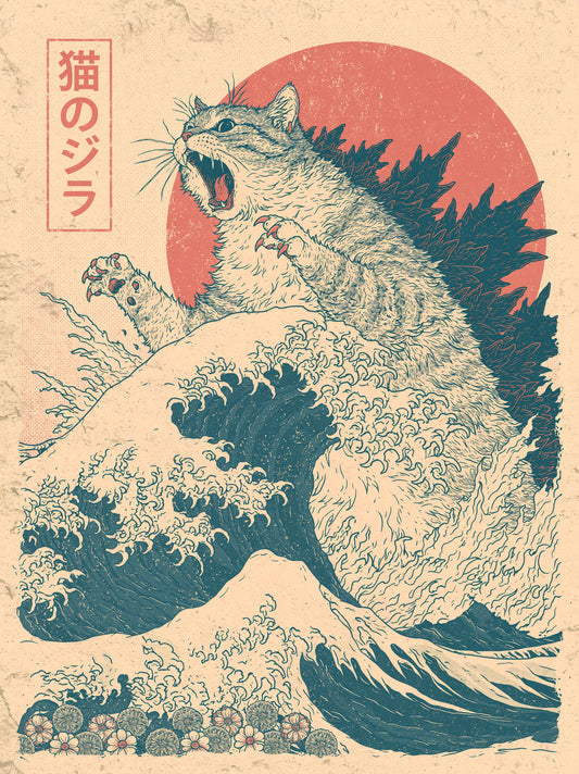 Japanese Kaiju Cat Wave Wall Art Decor - Wall Art Decor - front view
