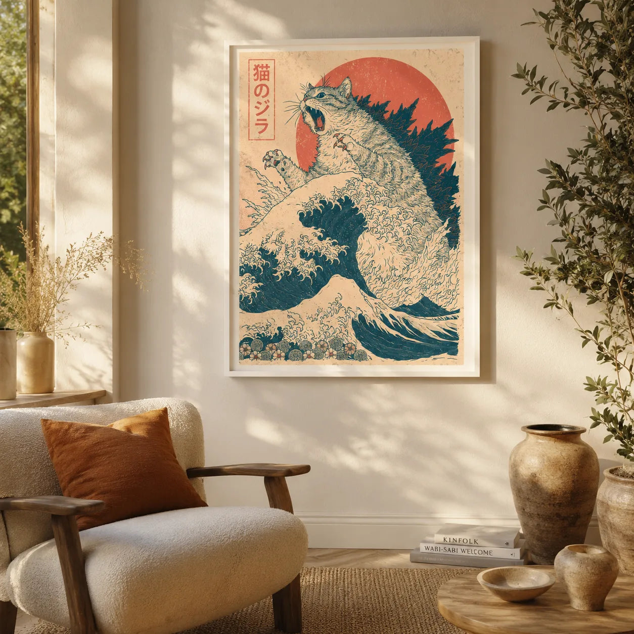 Japanese Kaiju Cat Wave Wall Art Decor - Wall Art Decor - in use
