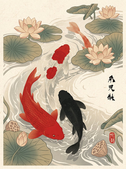 Japanese Koi Fish and Lotus Ukiyo-e Wall Art Decor