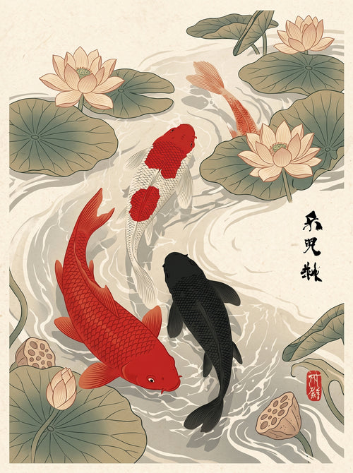 Japanese Koi Fish and Lotus Ukiyo-e Wall Art Decor
