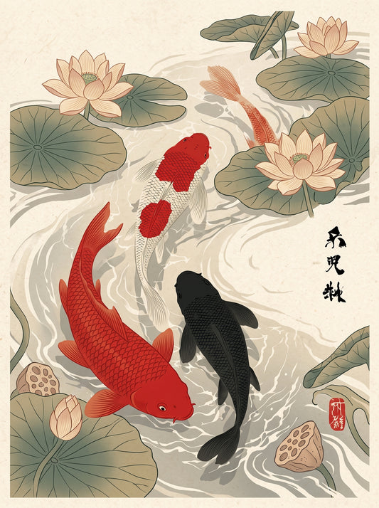 Japanese Koi Fish and Lotus Ukiyo-e Wall Art Decor