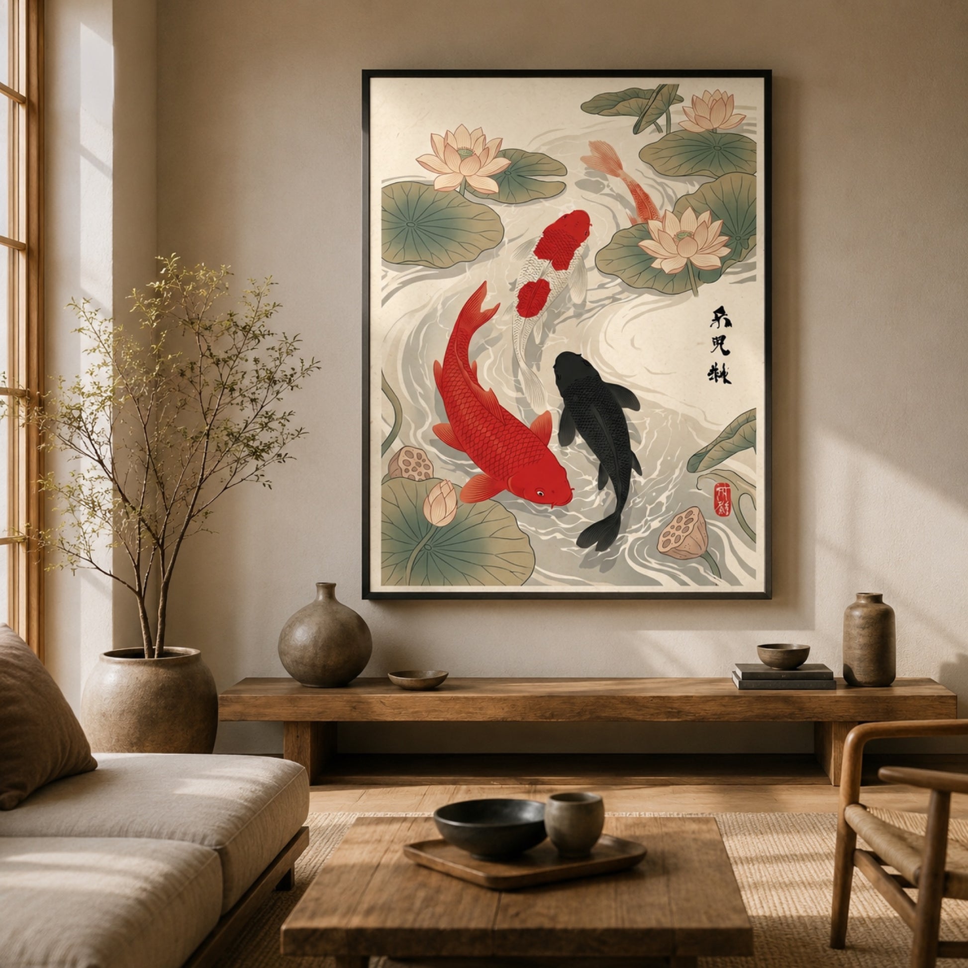 Japanese Koi Fish and Lotus Ukiyo-e Wall Art Decor preview 3
