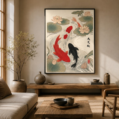 Japanese Koi Fish and Lotus Ukiyo-e Wall Art Decor preview 3