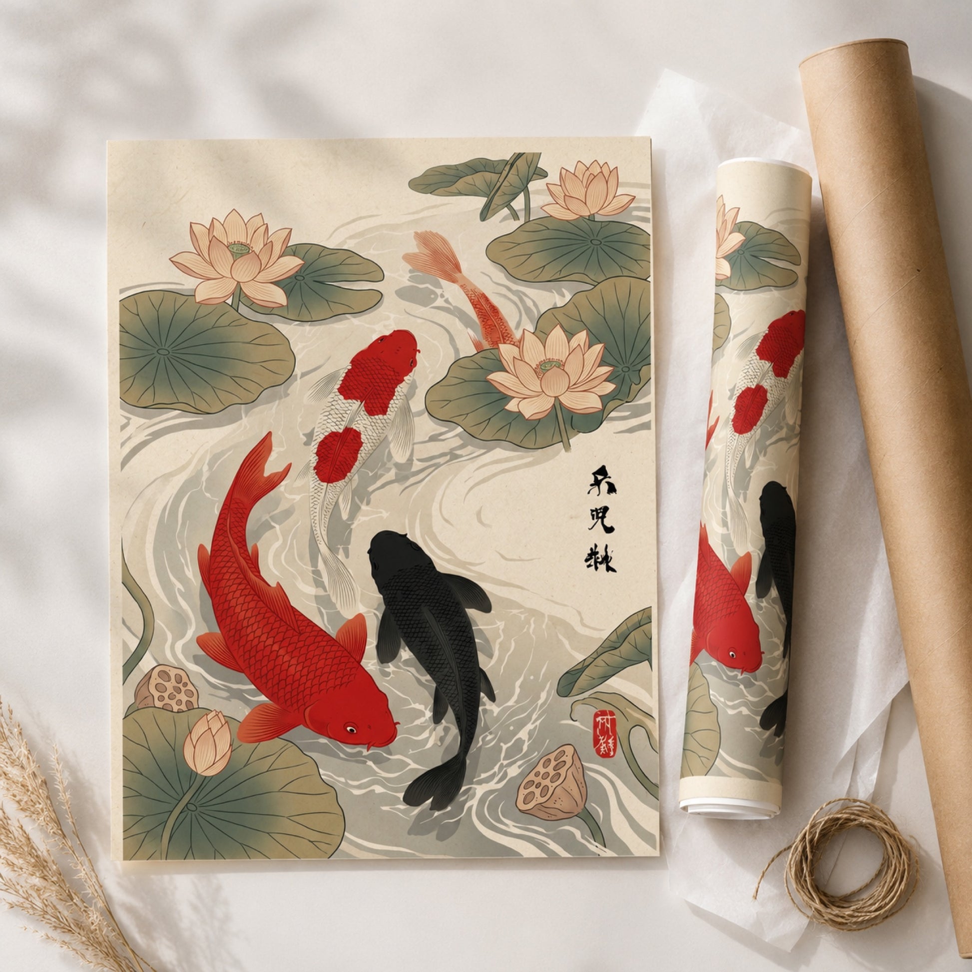 Japanese Koi Fish and Lotus Ukiyo-e Wall Art Decor preview 9
