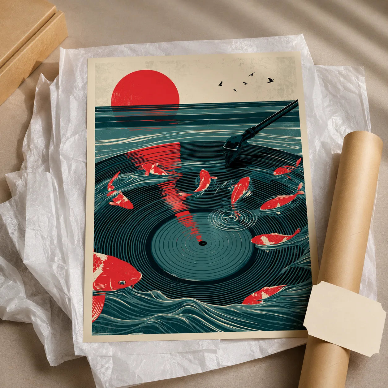 Japanese Koi Vinyl Record Wall Art Decor - Wall Art Decor - back view